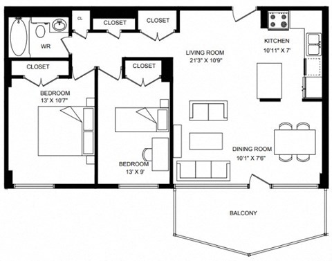 Floor plan for 2 beds, 1 bath, 864 sqft